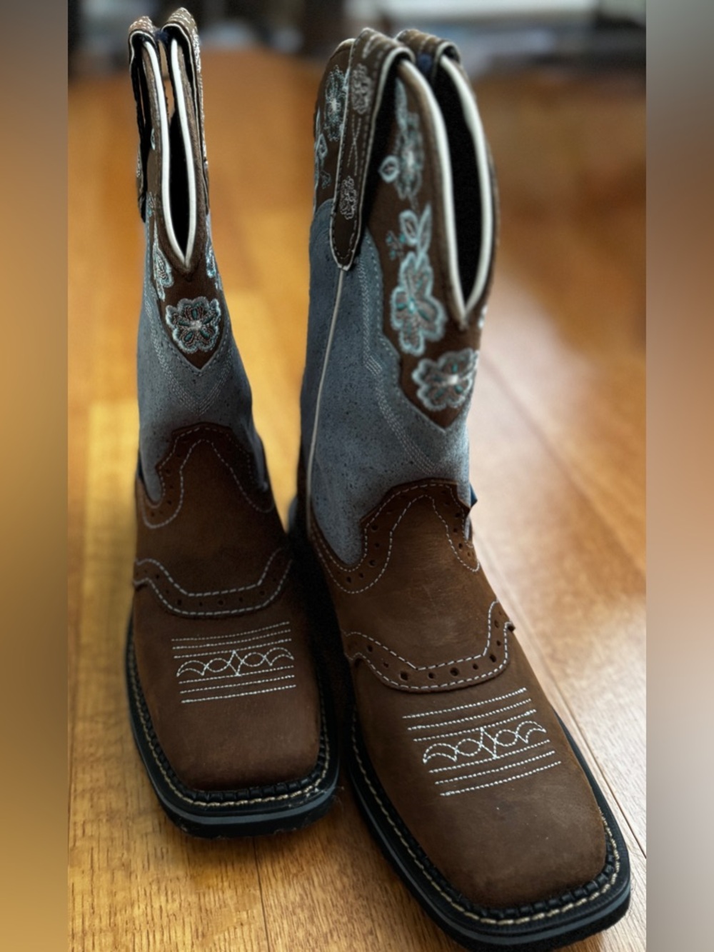 Justin Gypsy Blue Suede- Brown Leather Cowgirl Boots -Square Toe- Mid Calf